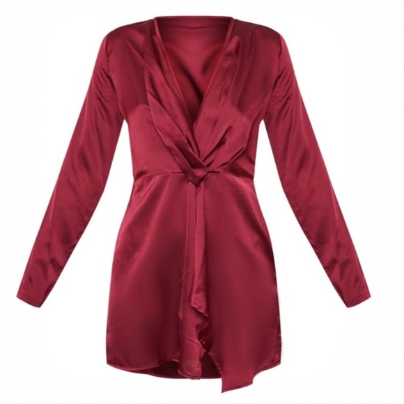 PrettyLittleThing Burgundy Satin Wrap Mini Dress Long Sleeve Size 8 - Picture 8 of 15